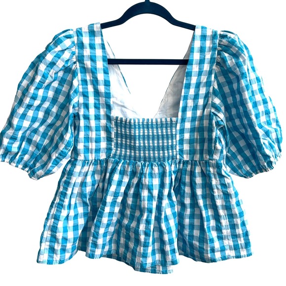 Lilly Pulitzer Sarafina Top Womens 2 Turquoise Gingham Puff Sleeve Smocked NWT - Picture 5 of 9
